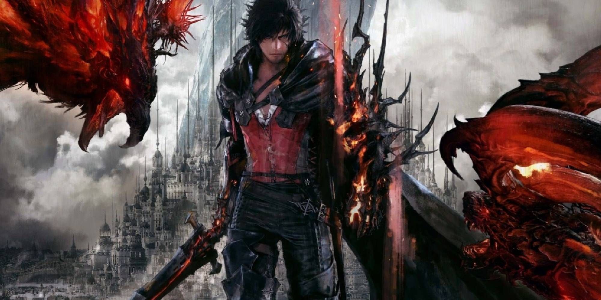 The promotional cover art for Final Fantasy 15, featuring Clive with his arm being overtaken by Ifrit's fire.