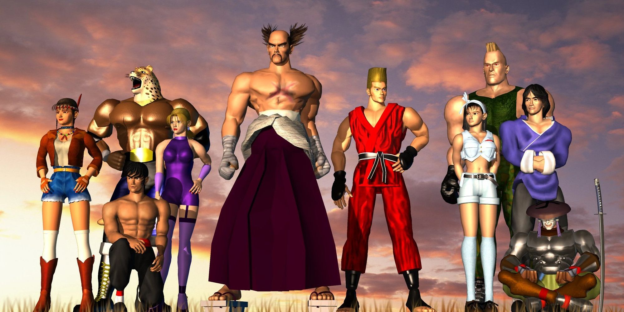 Tekken 2 promo image of characters lining up in front of a cloudy sky.