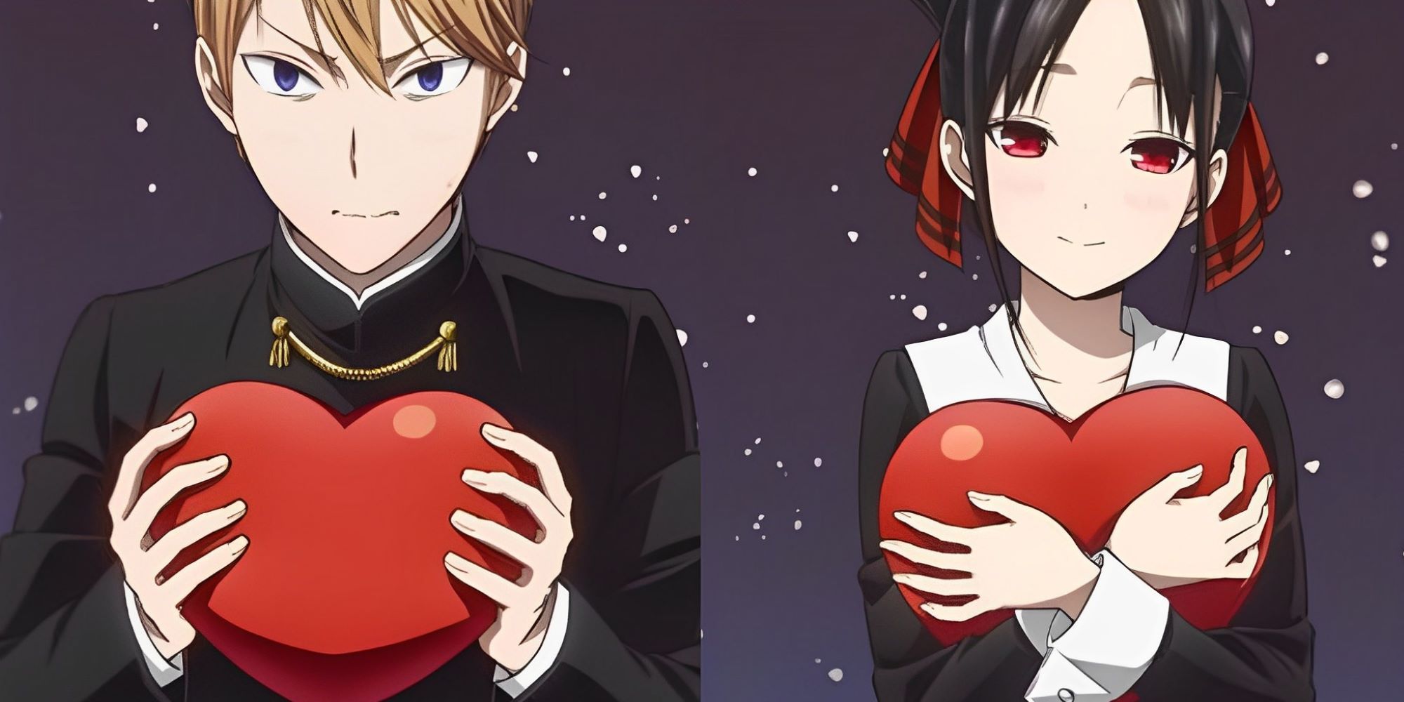 Shirogane and Shinomiya from Kaguya-sama: Love is War holding heart balloons