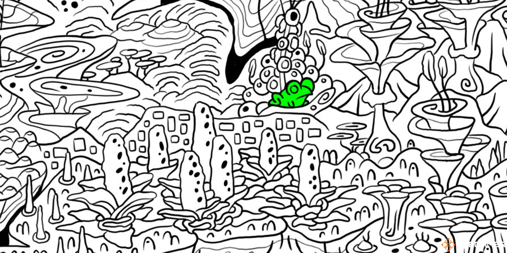 100 Hidden Frogs gameplay, showing a single frog colored green against a black and white backdrop.