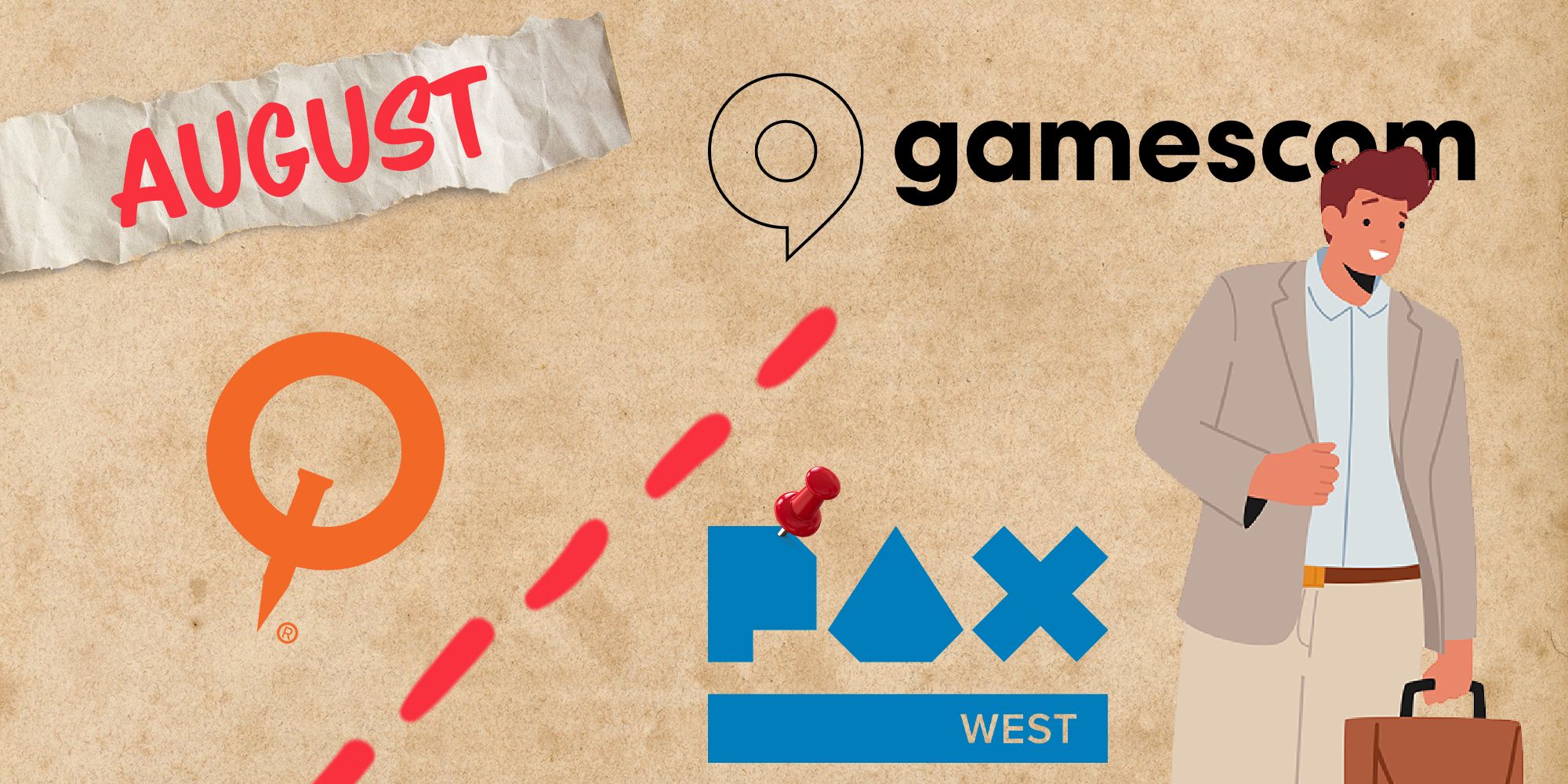 Traveler on a map in front of Pax West, QuakeCon, and Gamescom, with August in the top left