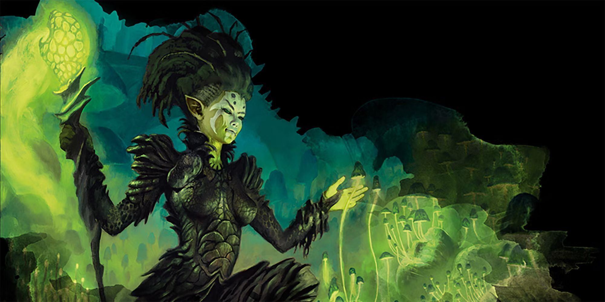 A spore druid cultivating luminescent fungi in the underdark, Dungeons & Dragons.