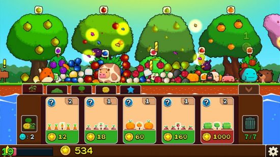 Best clicker games: Plantera. A screenshot shows four trees being harvested.