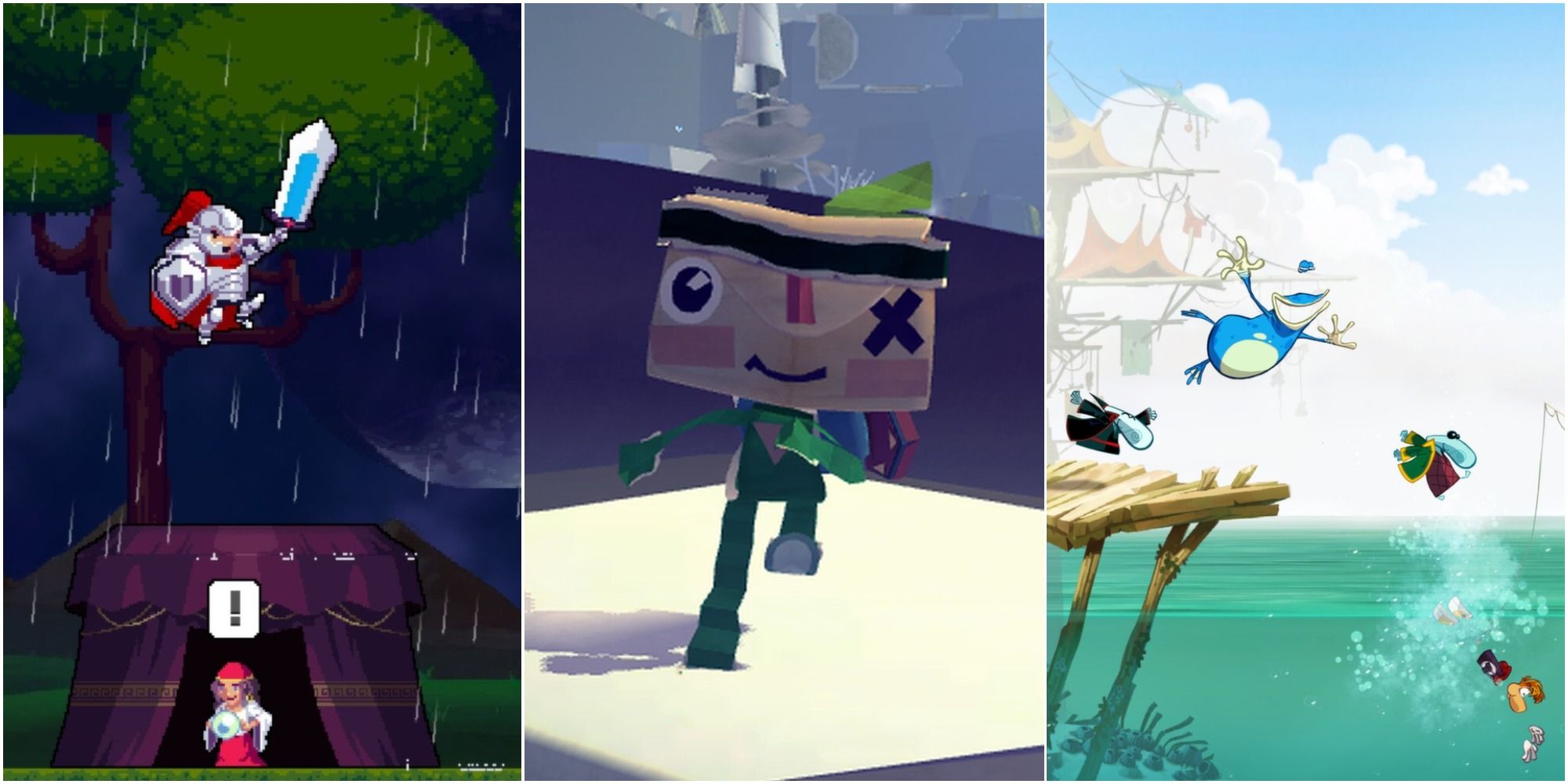 Best Vita Platformers Split Image including (from left to right): Rogue Legacy, Tearaway, and Rayman Origins