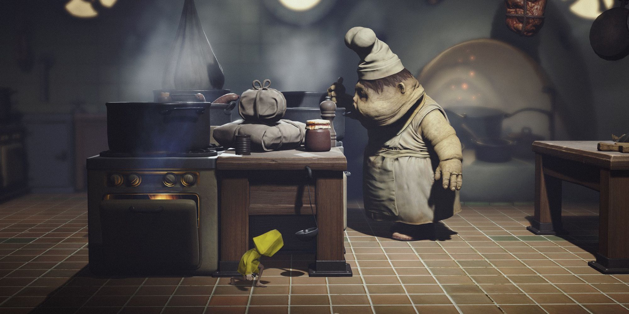 Six from Little Nightmares sneaking past a grotesque chef in the kitchen