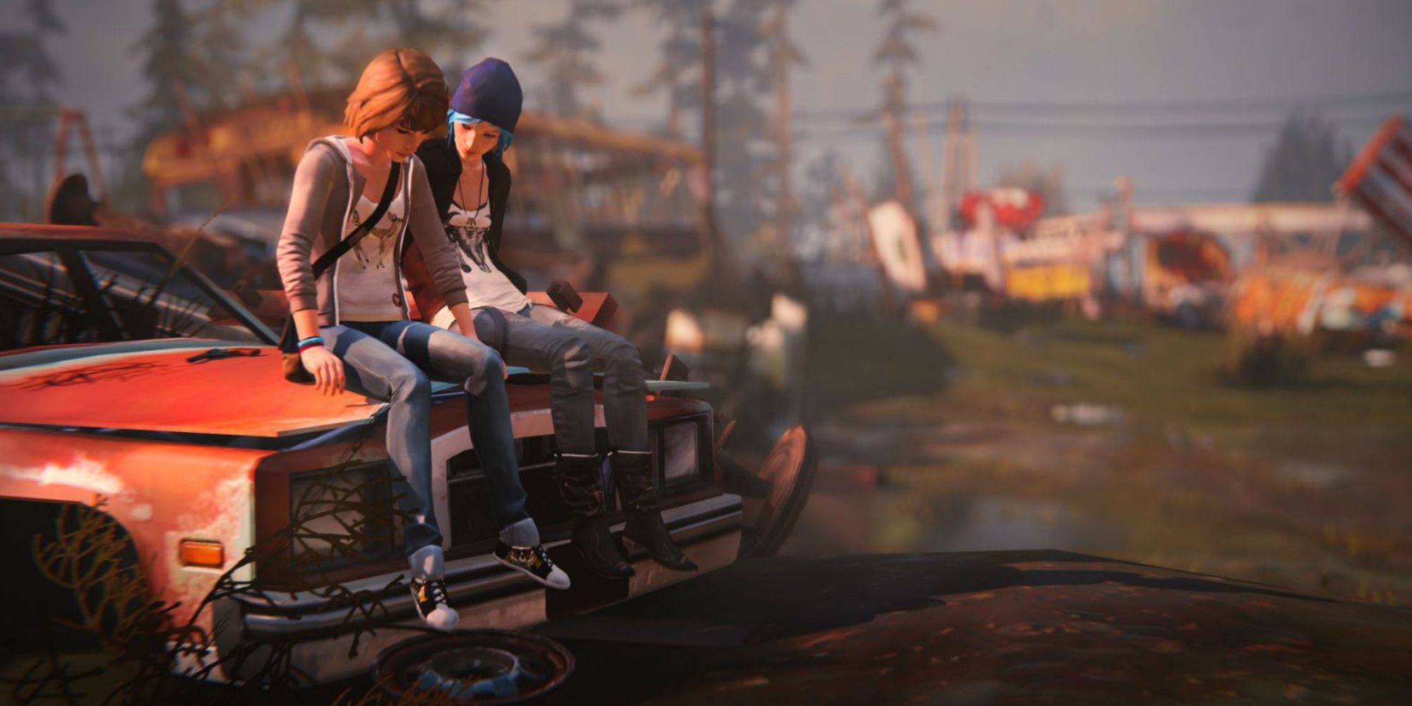 Max and Chloe sitting together on a car in a junkyard in Life Is Strange.