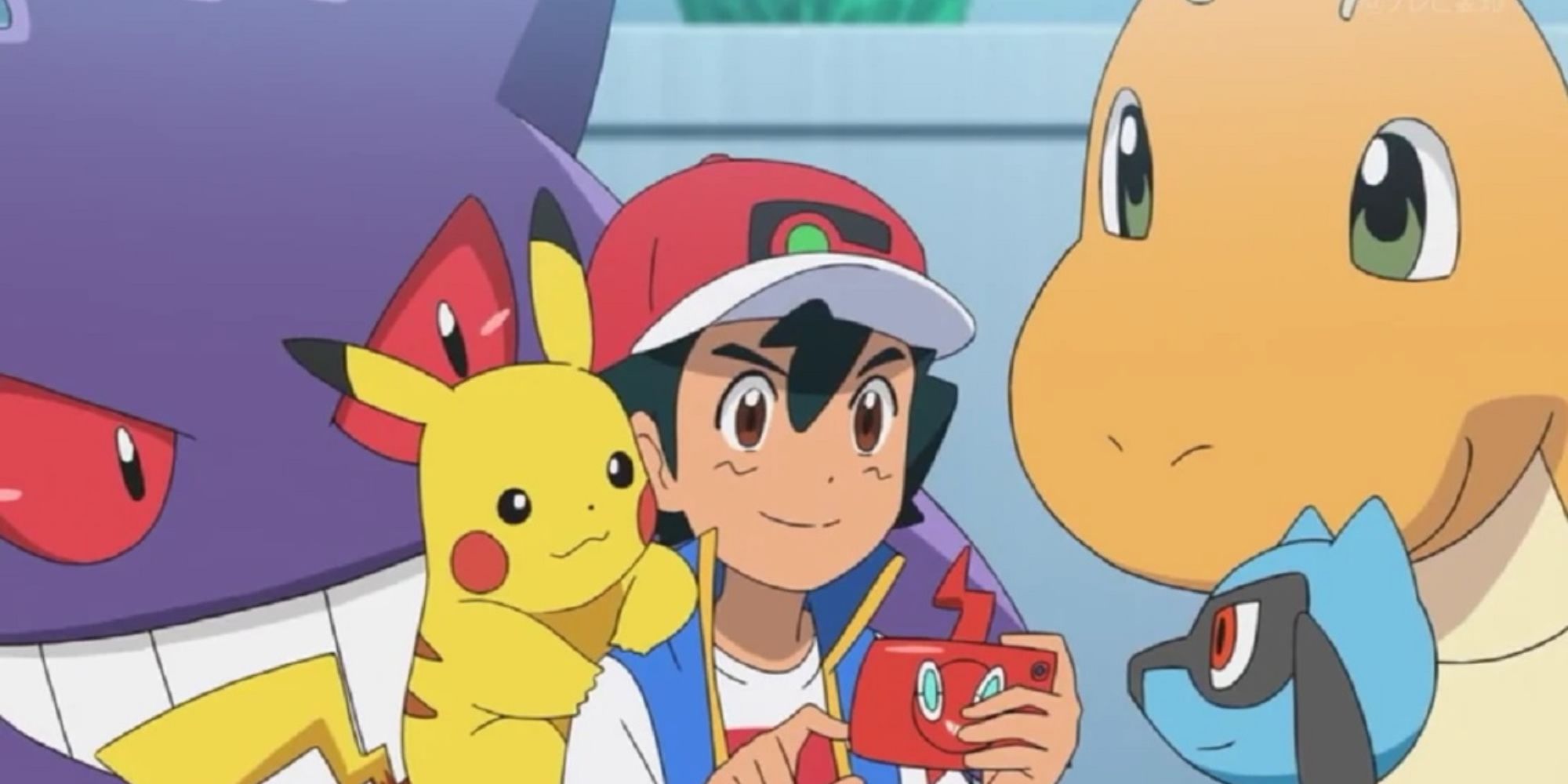 ash and some of his pokemon (gengar, dragonite, riolu, and pikachu) looking at his rotom phone in the pokemon journeys series