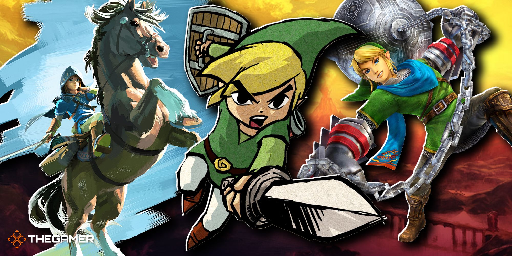 Game art from Hyrule Warriors, The Legend Of Zelda Breath Of The Wild and The Legend Of Zelda Wind Waker.