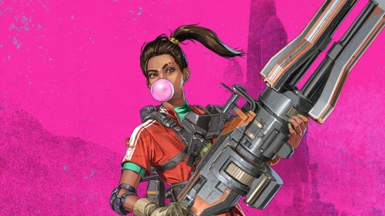 Apex Legends characters: a woman blows a bubble using chewing gum while holding a huge weapon