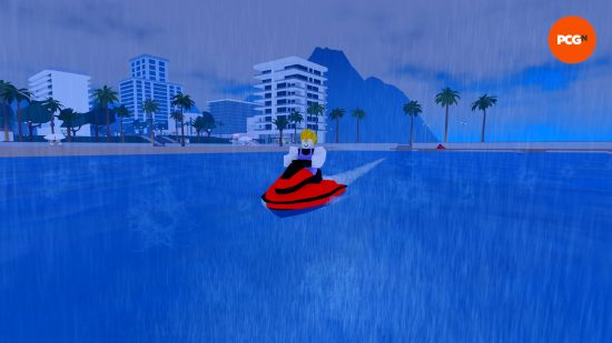 A man on a jetski in the rain, having accessorized with Berry Avenue codes to have pointy blonde hair and a lilac outfit.