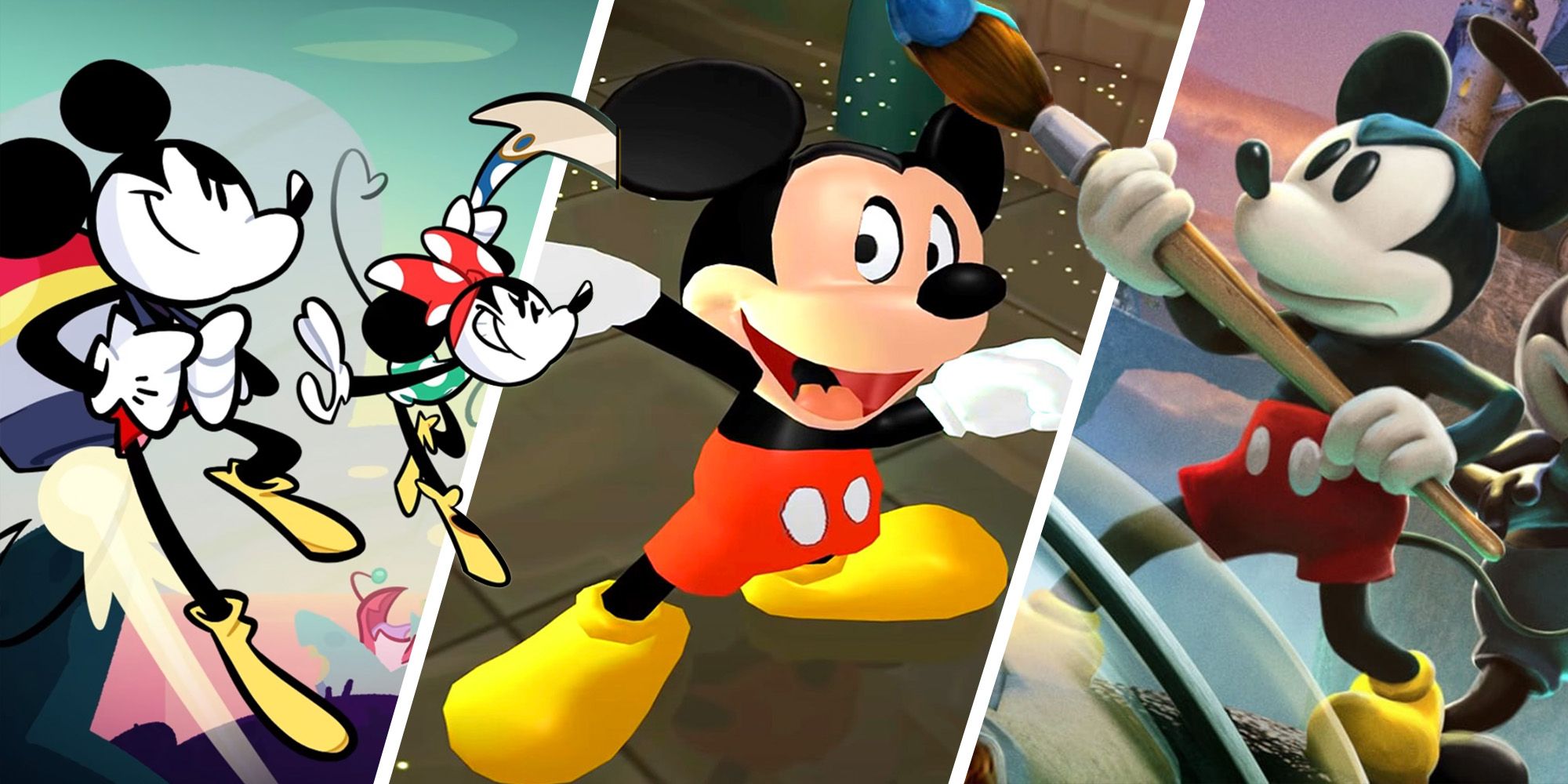 Best Mickey Mouse Games - Split Image Of Disney Illusion Island, Magical Mirror, And Epic Mickey 2