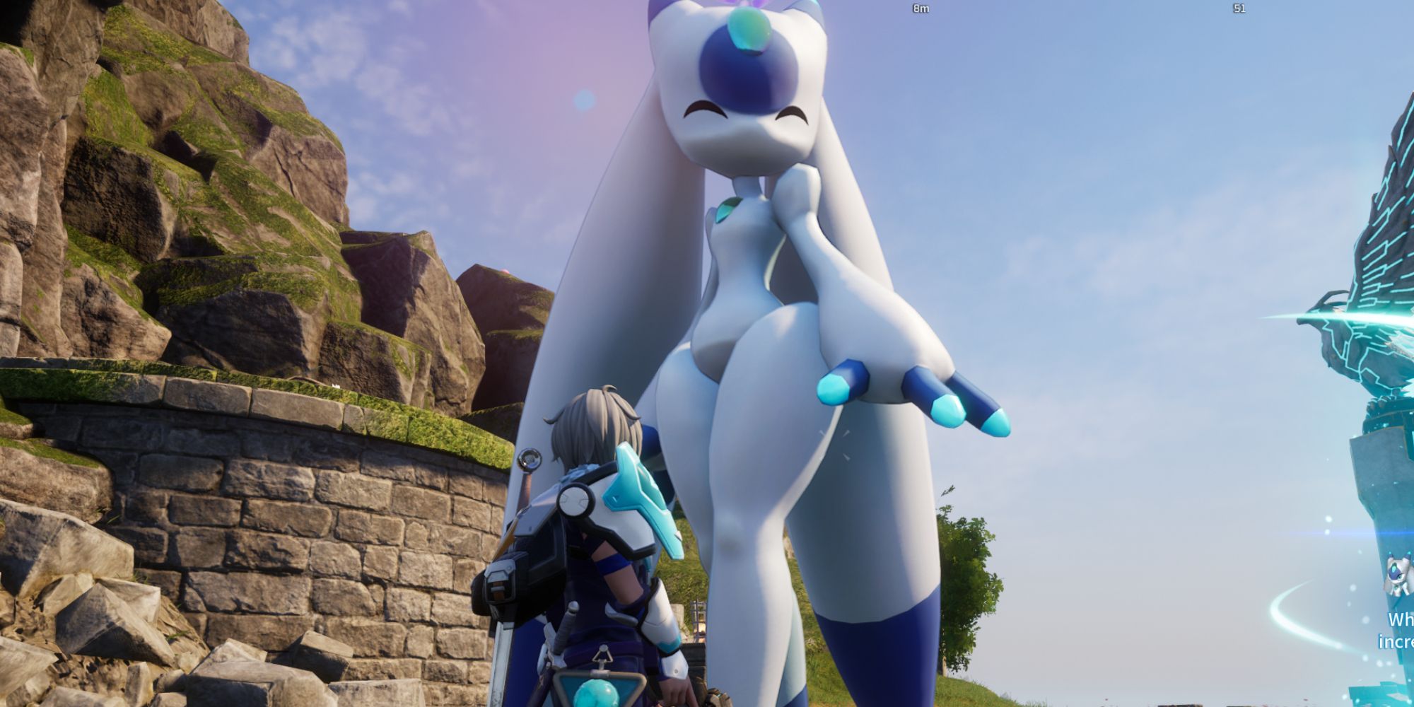 Player standing next to a happy Lunaris in Palworld.