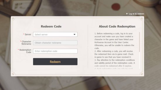 The redemption page where you can redeem Genshin Impact codes.