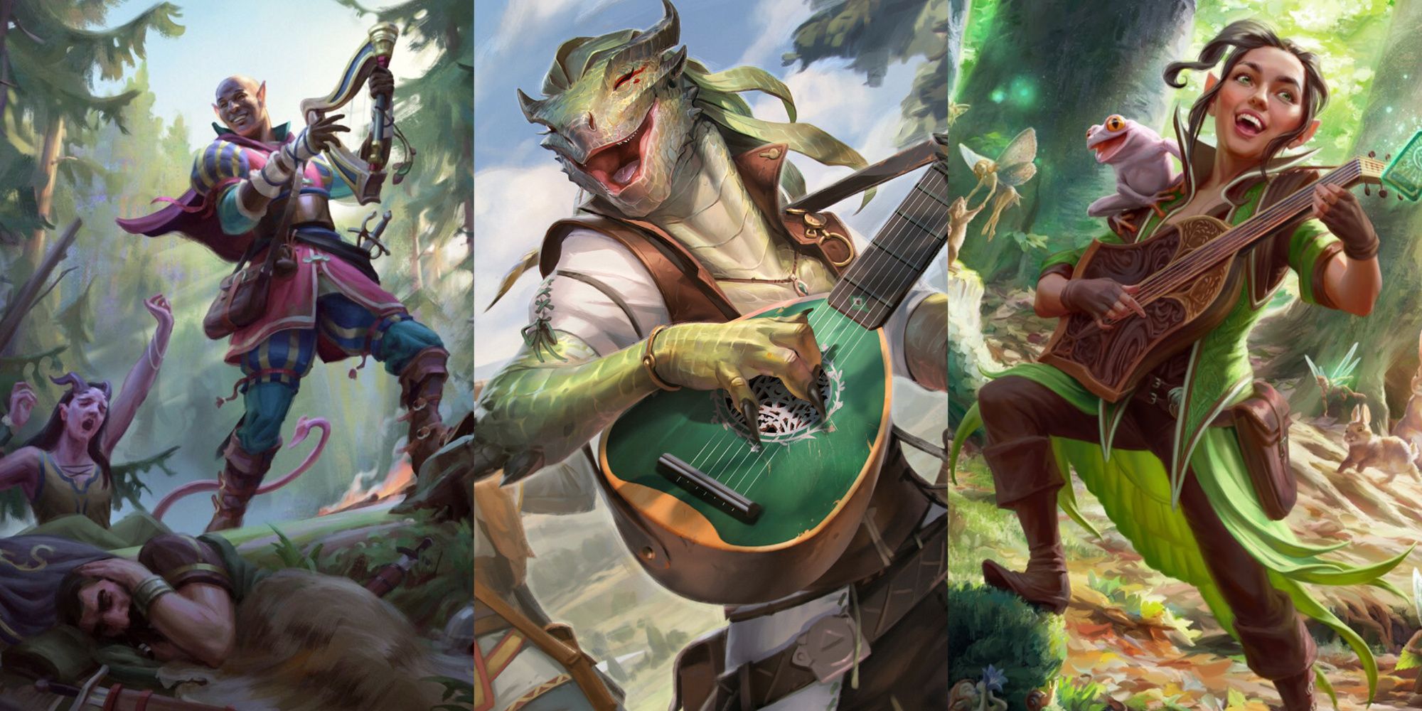 featured image instruments ranked dungeons & dragons Inspiring Bard by Eelis Kyttanen, Wandering Troubadour by Rudy Siswanto, and Ellywick Tumblestrum by Anna Stein Bauer