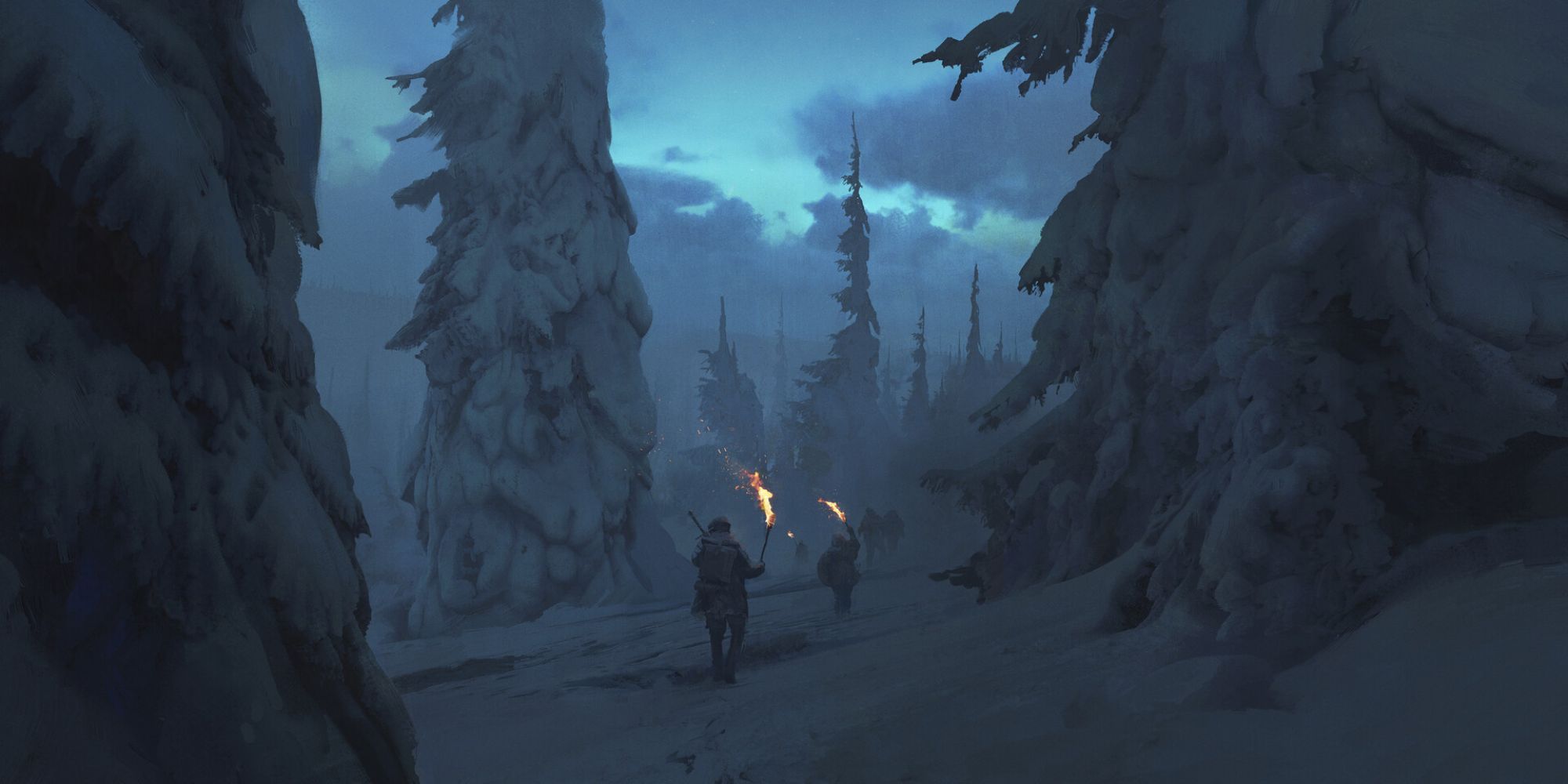 Adventurers travelling through an icy forest with torches lit from Dungeons & Dragons.