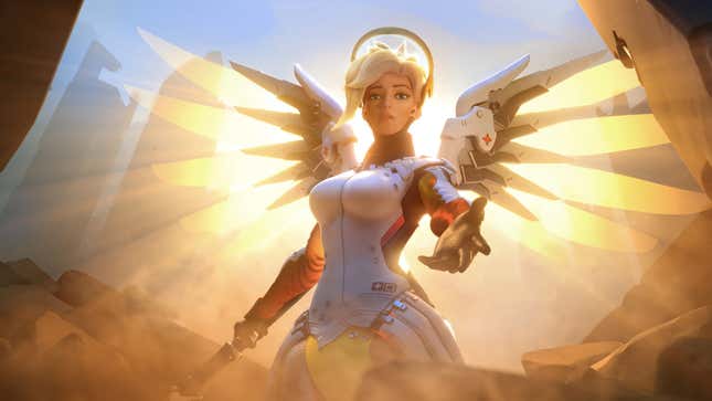 Mercy descends from the sky with a hand outstretched.