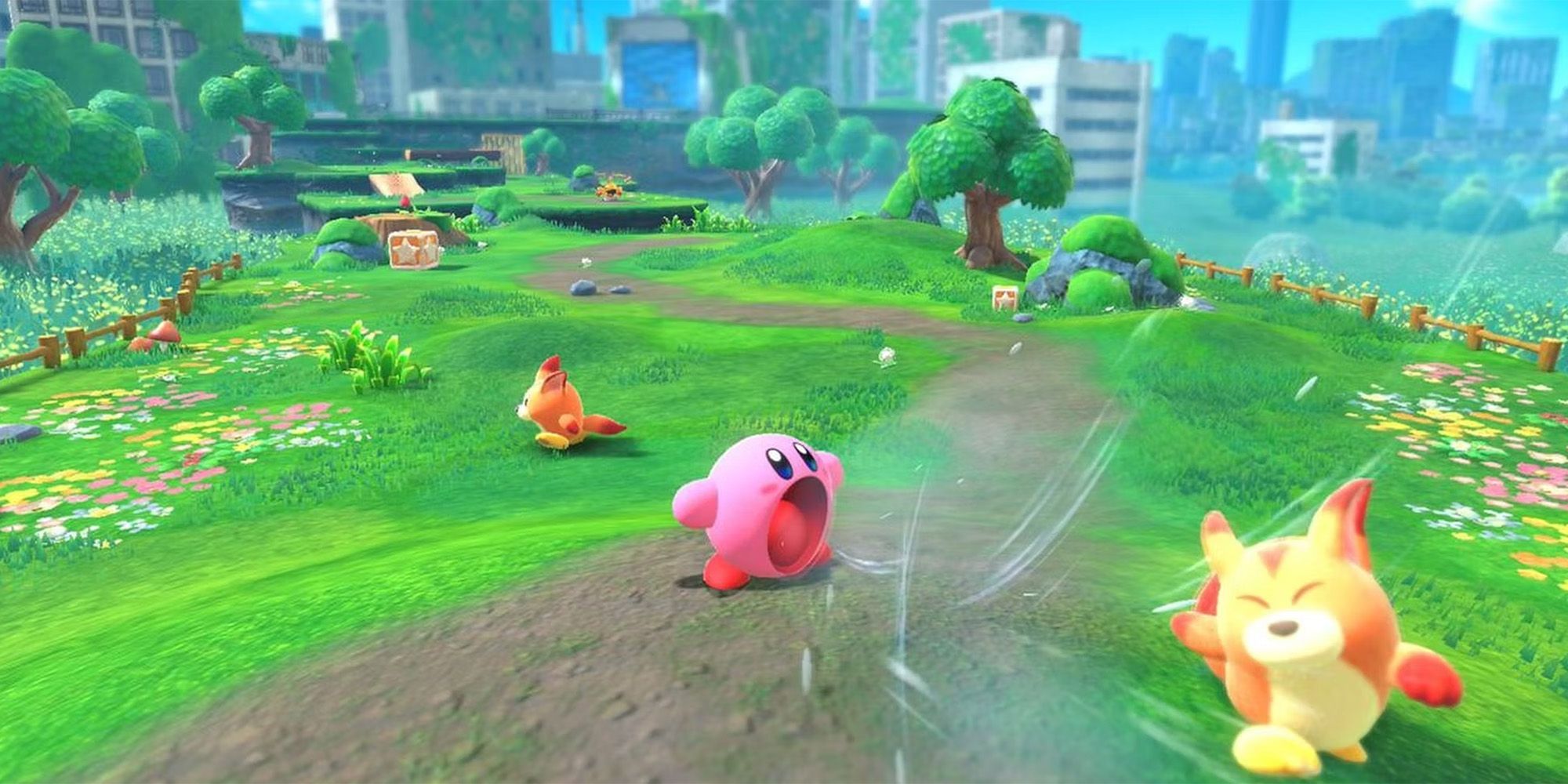 Kirby inhaling an enemy in Kirby And The Forgotten Land.