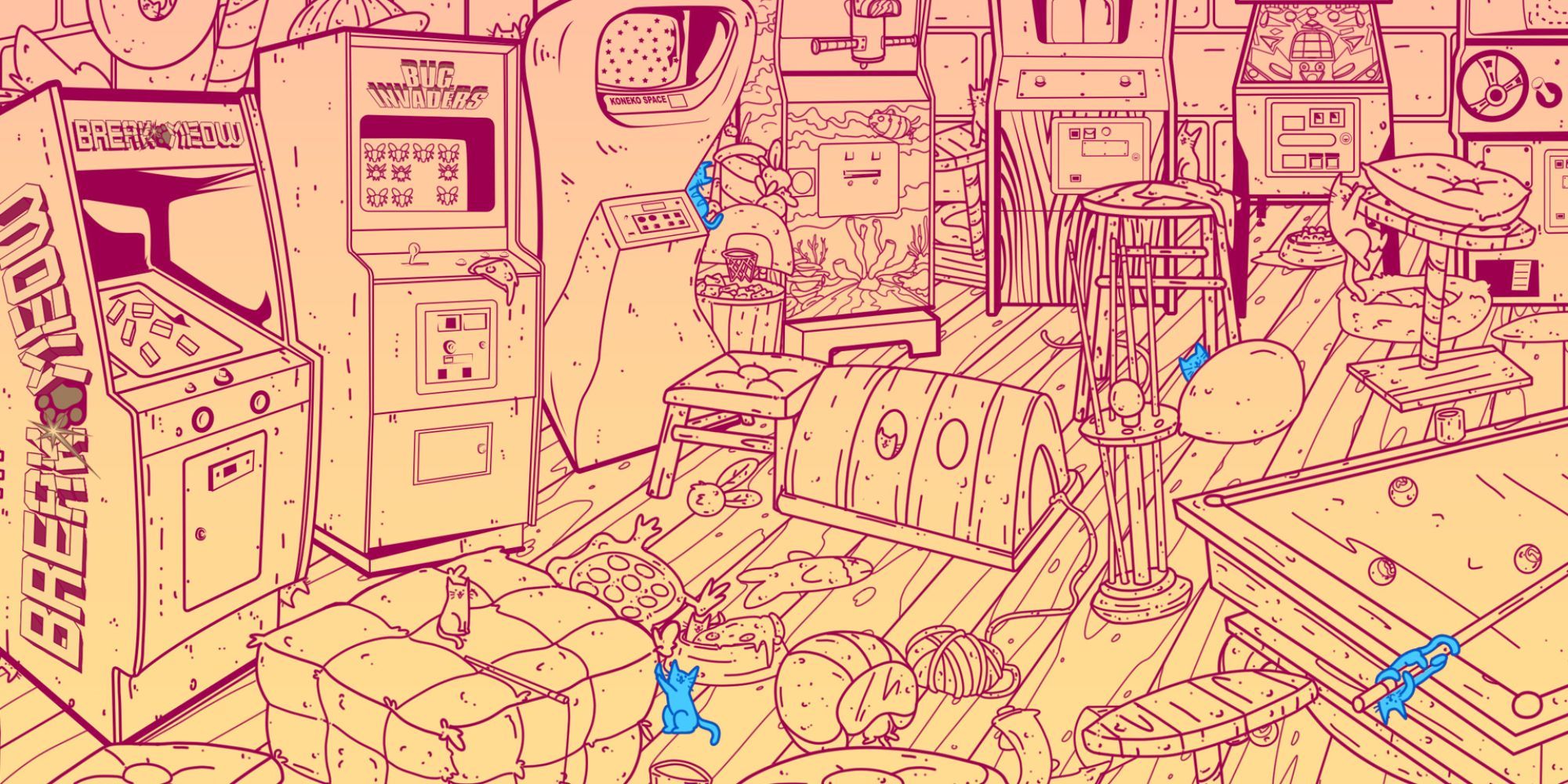 A screenshot of An Arcade Full of Cats, in which four blue kittens hide in a cluttered arcade.