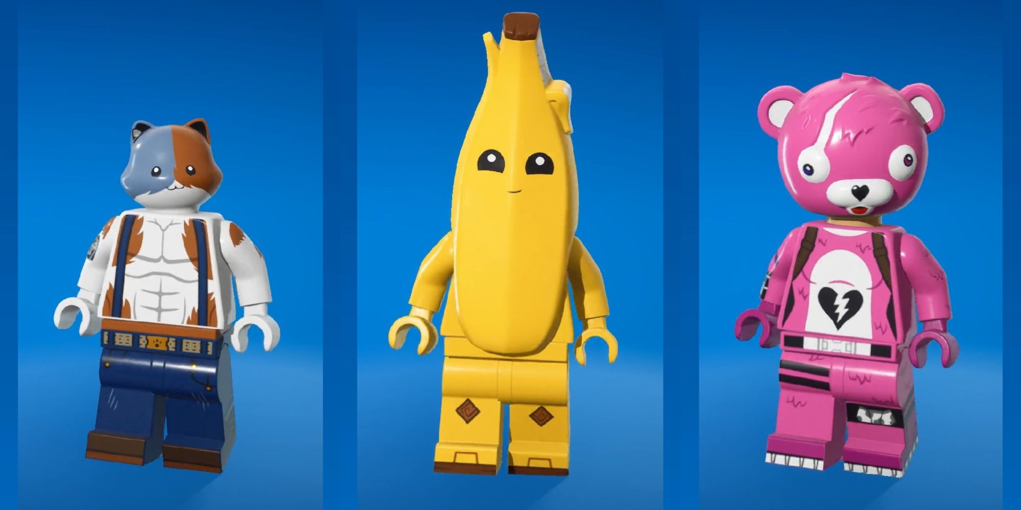 An image from Lego Fortnite of three different skins, named Meowscles, Peely and Cuddle Commander. These three skins are showcasing just some of the custom lego skin models in the game.