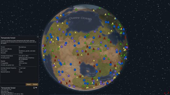 The world map depicting the locations of settlements in one of the best Rimworld mods.