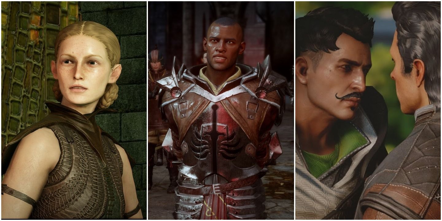 Collage image featuring three Dragon Age characters looking off camera