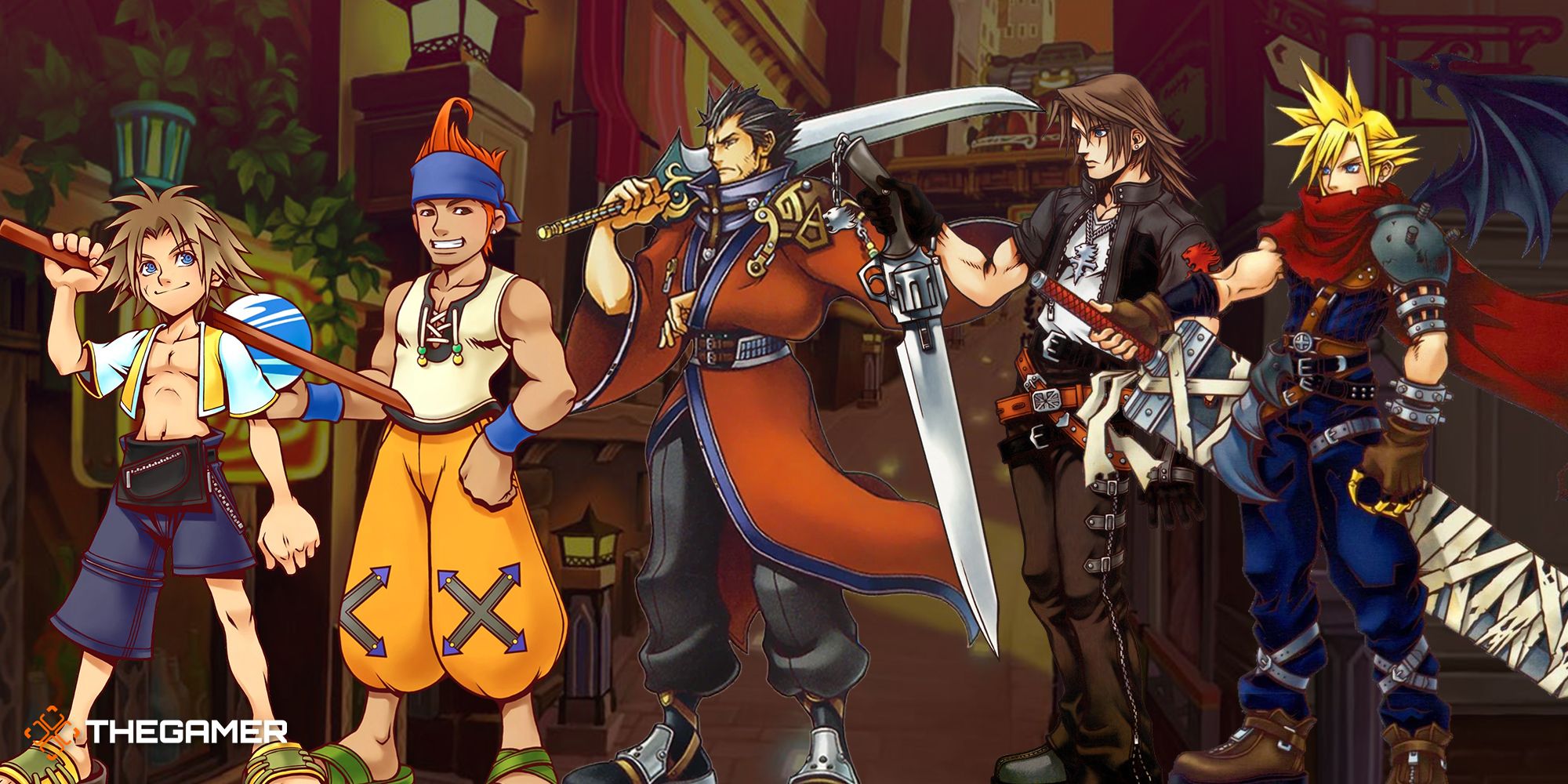 Game art from Kingdom Heart featuring several Final Fantasy character cameos.