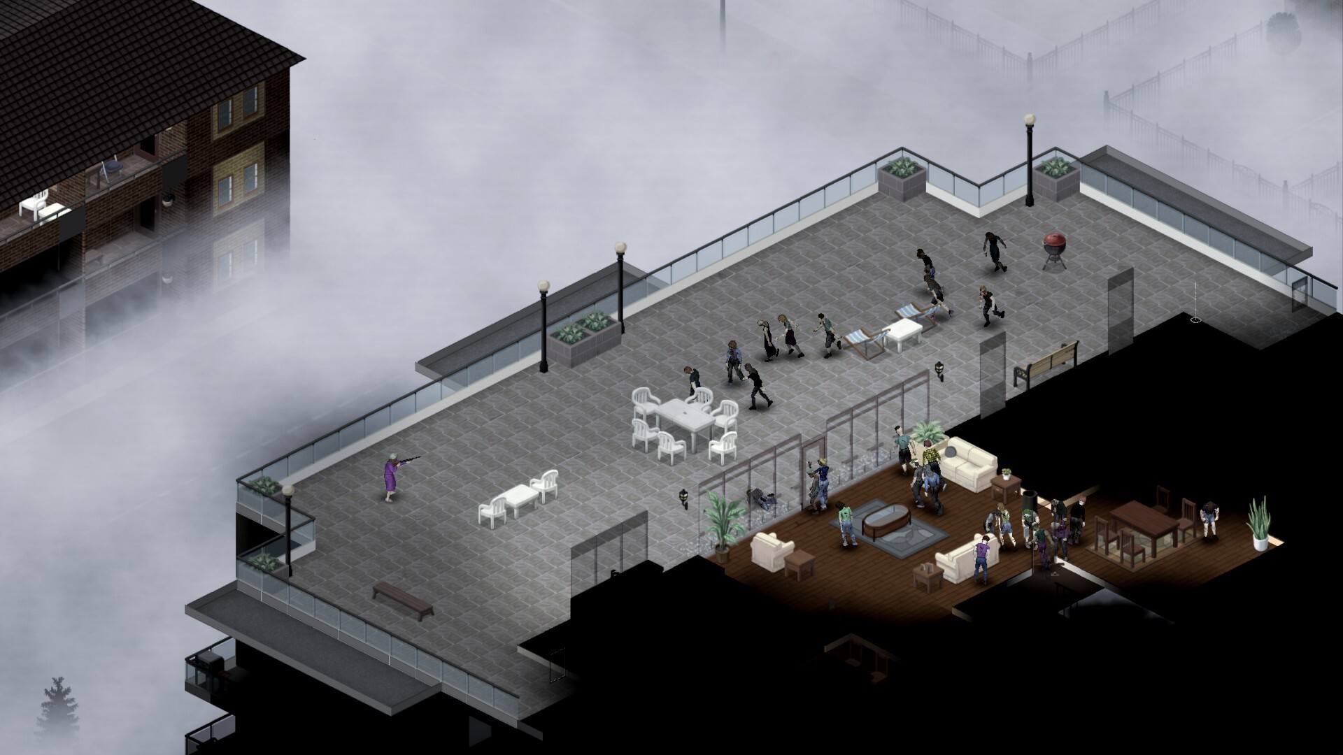 A survivor trapped by a horde of zombies in Project Zomboid