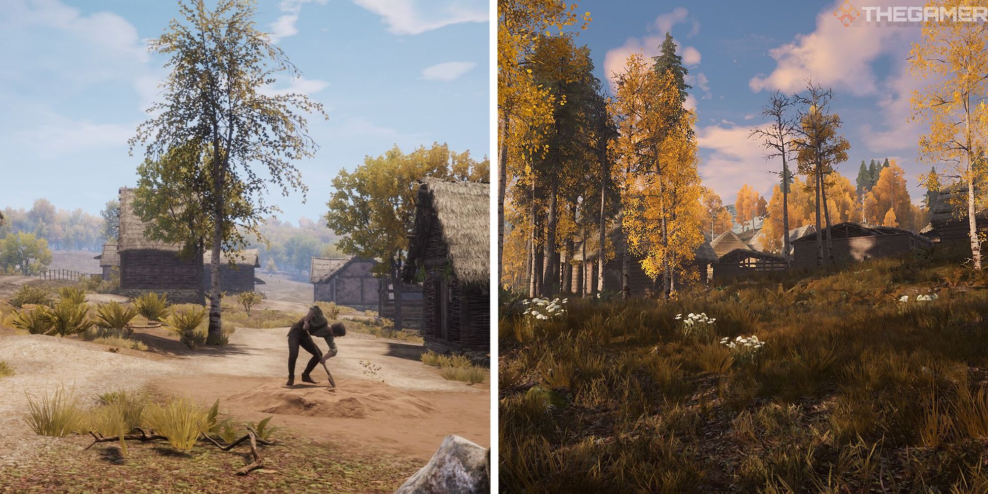 split image showing worker digging for clay next to image of grassy housing area during the fall