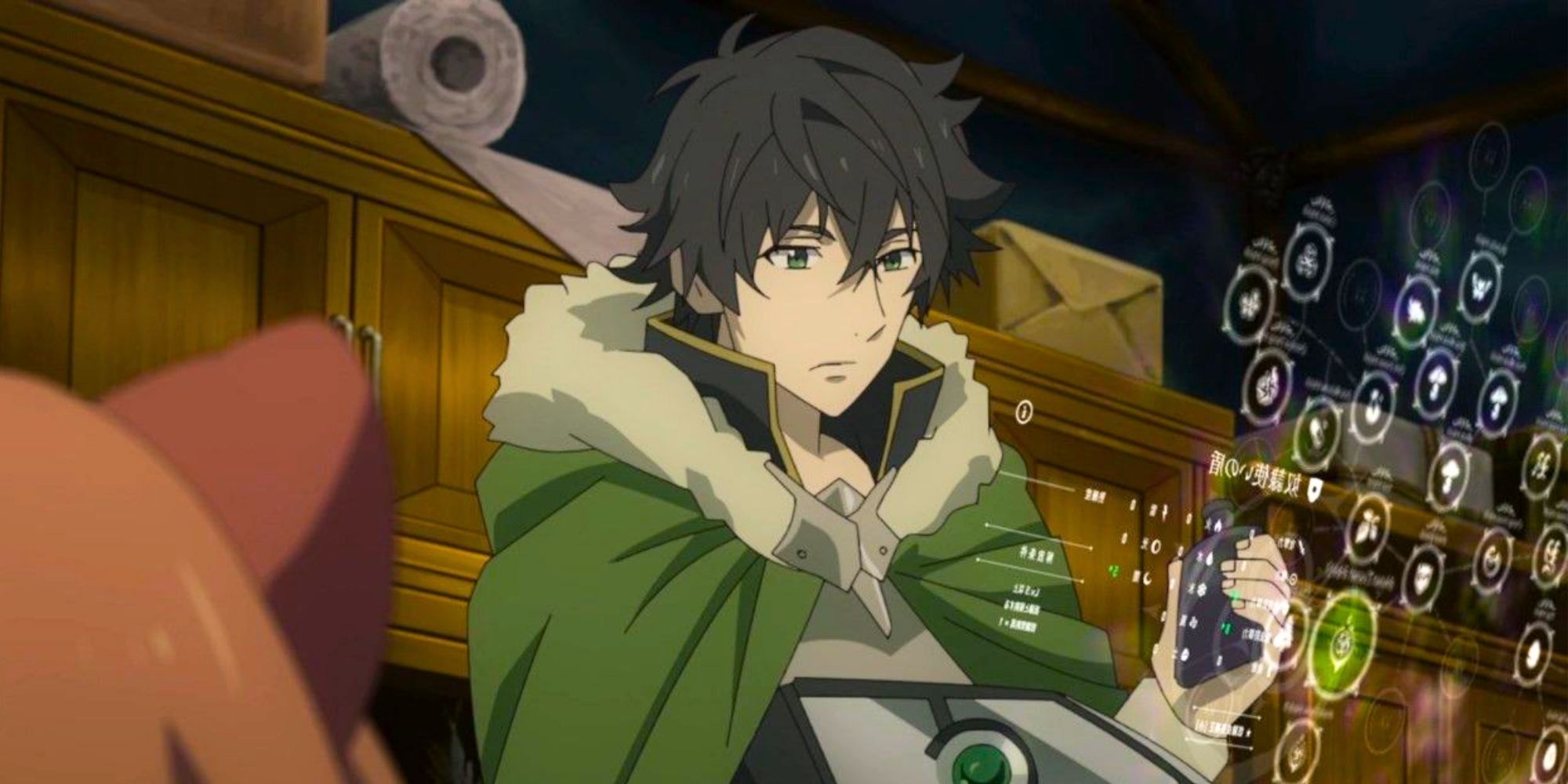 Naofumi Iwatani From Shield Hero looking through his Shield Menu