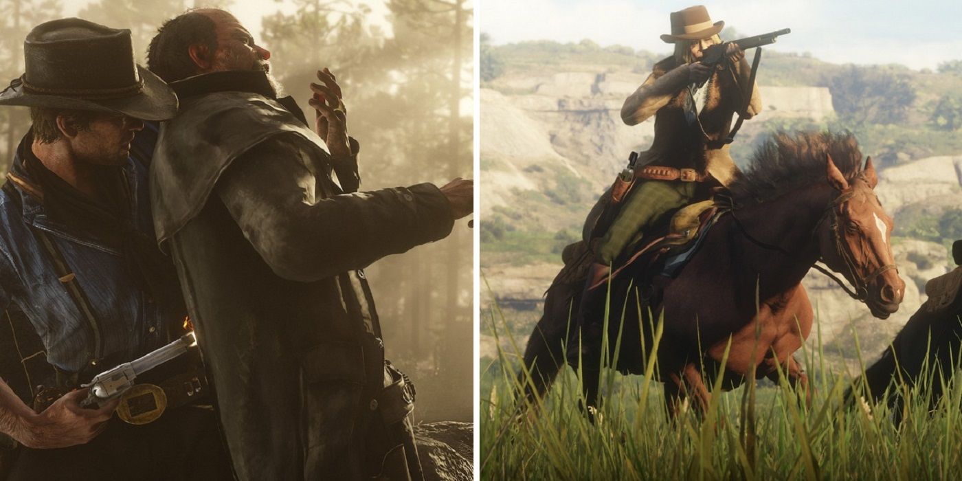 Red Dead Online split image combat horseback riding