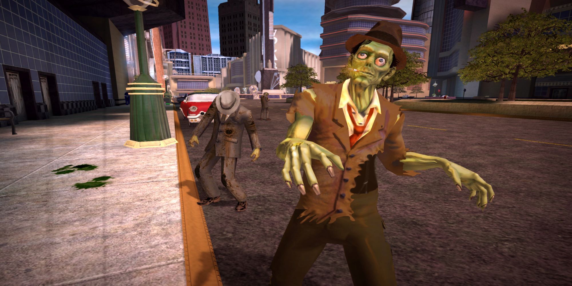 Stubbs the Zombie in Rebel Without a Pulse screenshot of Stubbs standing in the street.