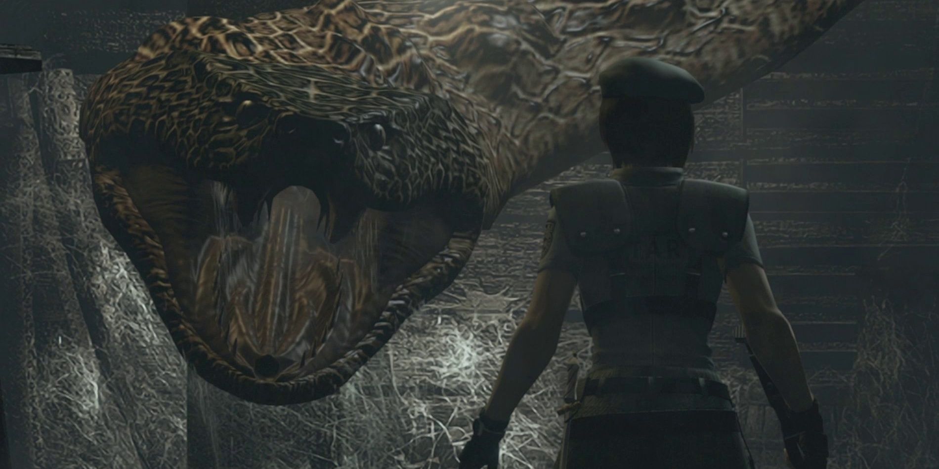 Resident Evil HD Remaster screenshot of Yawn the snake looking at Jill.