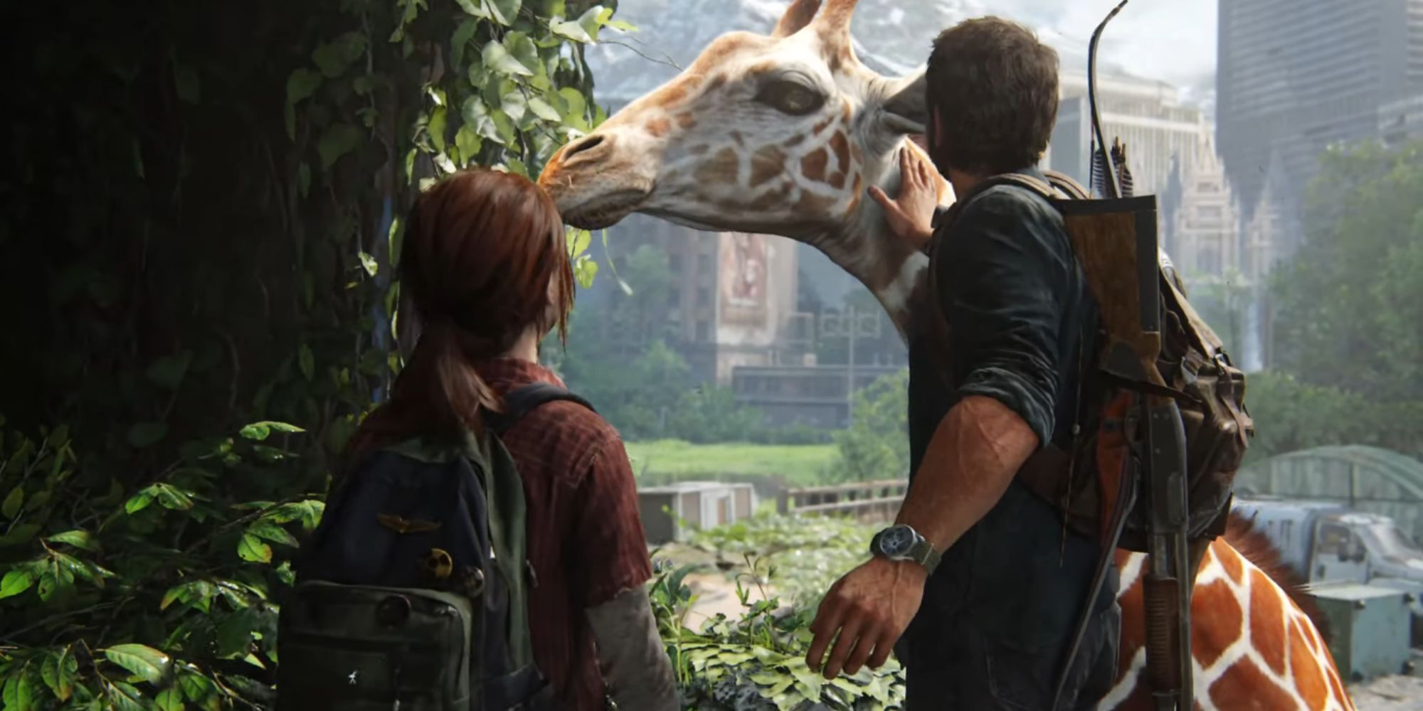 The Last of Us screenshot of Ellie and Joel with the latter petting a giraffe on a sunny day.