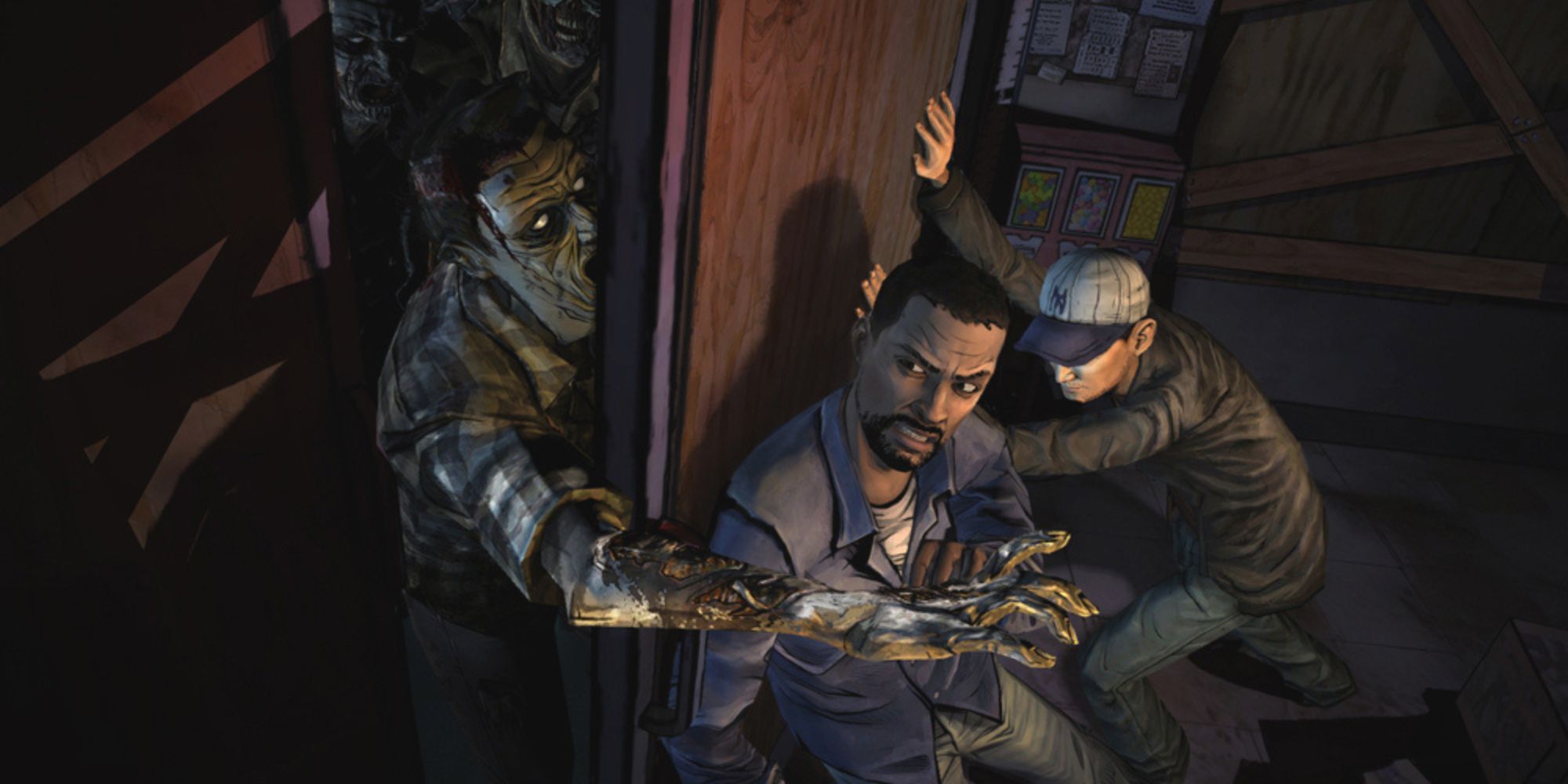 Lee and Glenn holding off zombies from behind a door In Telltale's The Walking Dead.