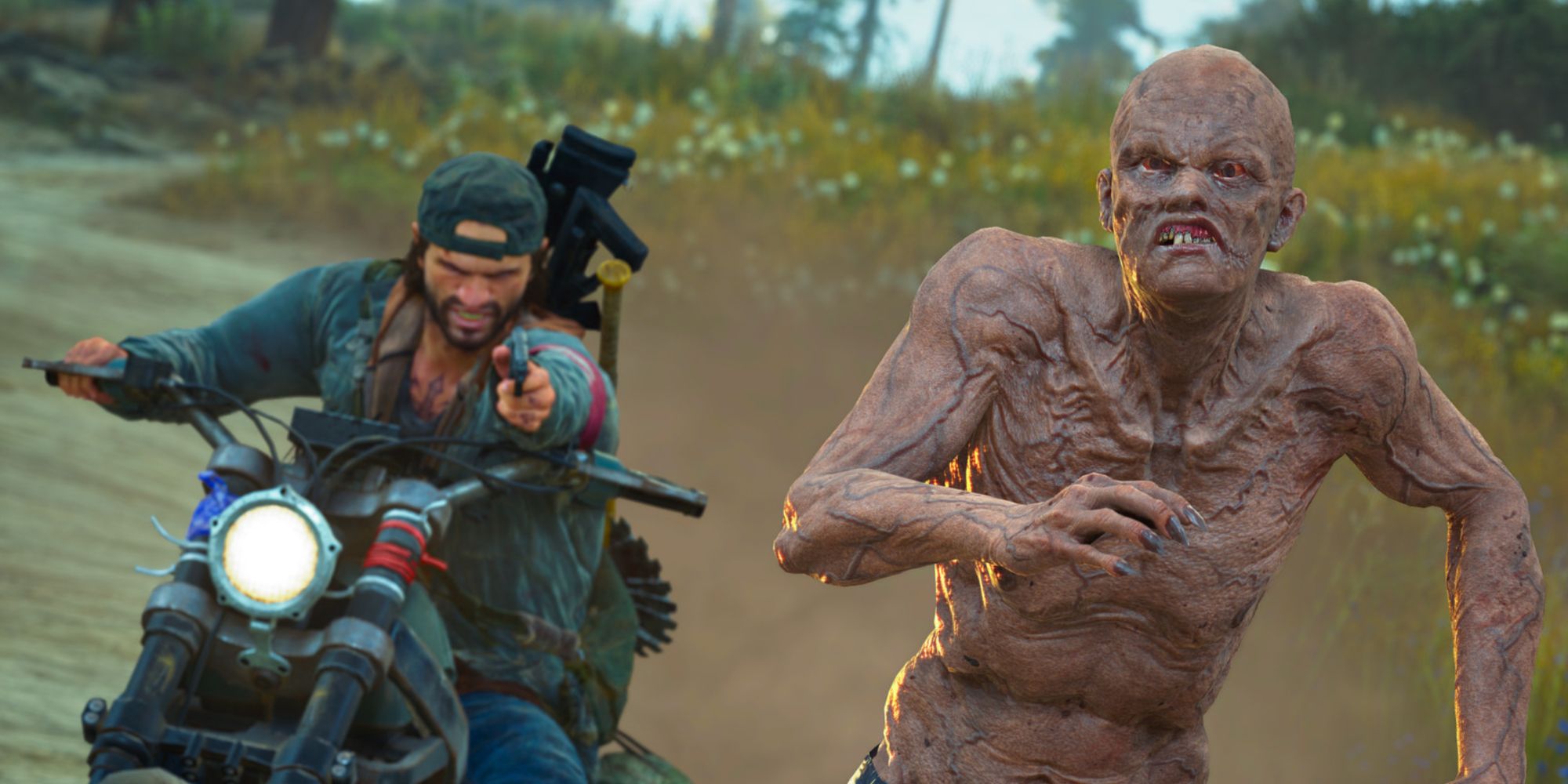 Deacon aiming a pistol at a zombie while on his motorcyle in Days Gone.