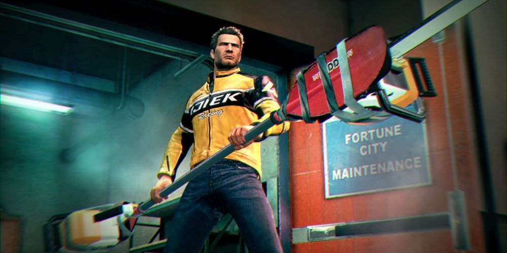 Dead Rising 2 screenshot of Chuck Greene holding PaddleSaw, right outside the maintenance room.