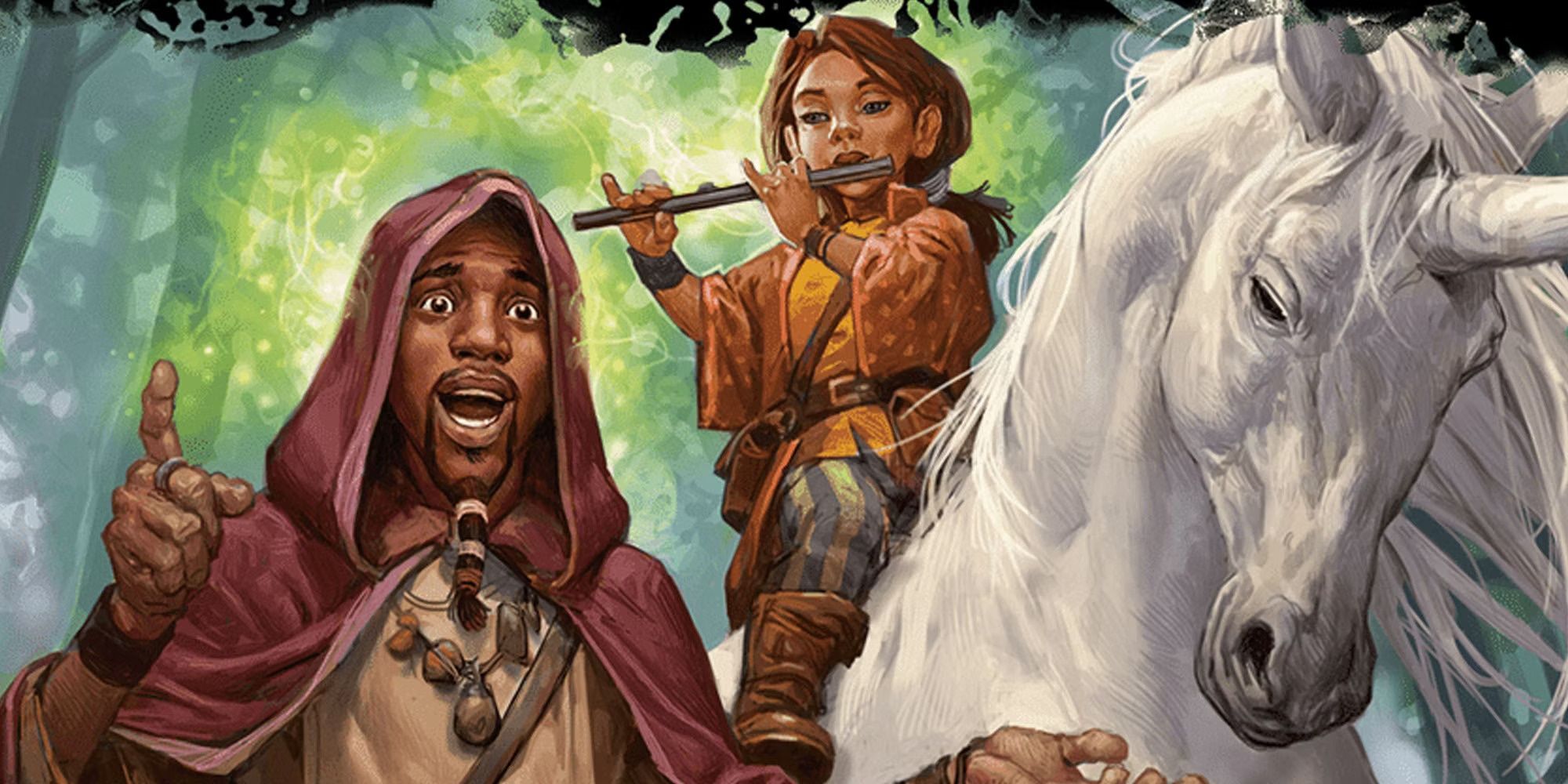 A bard riding a unicorn uses their flute to cast a spell on a hooded figure.