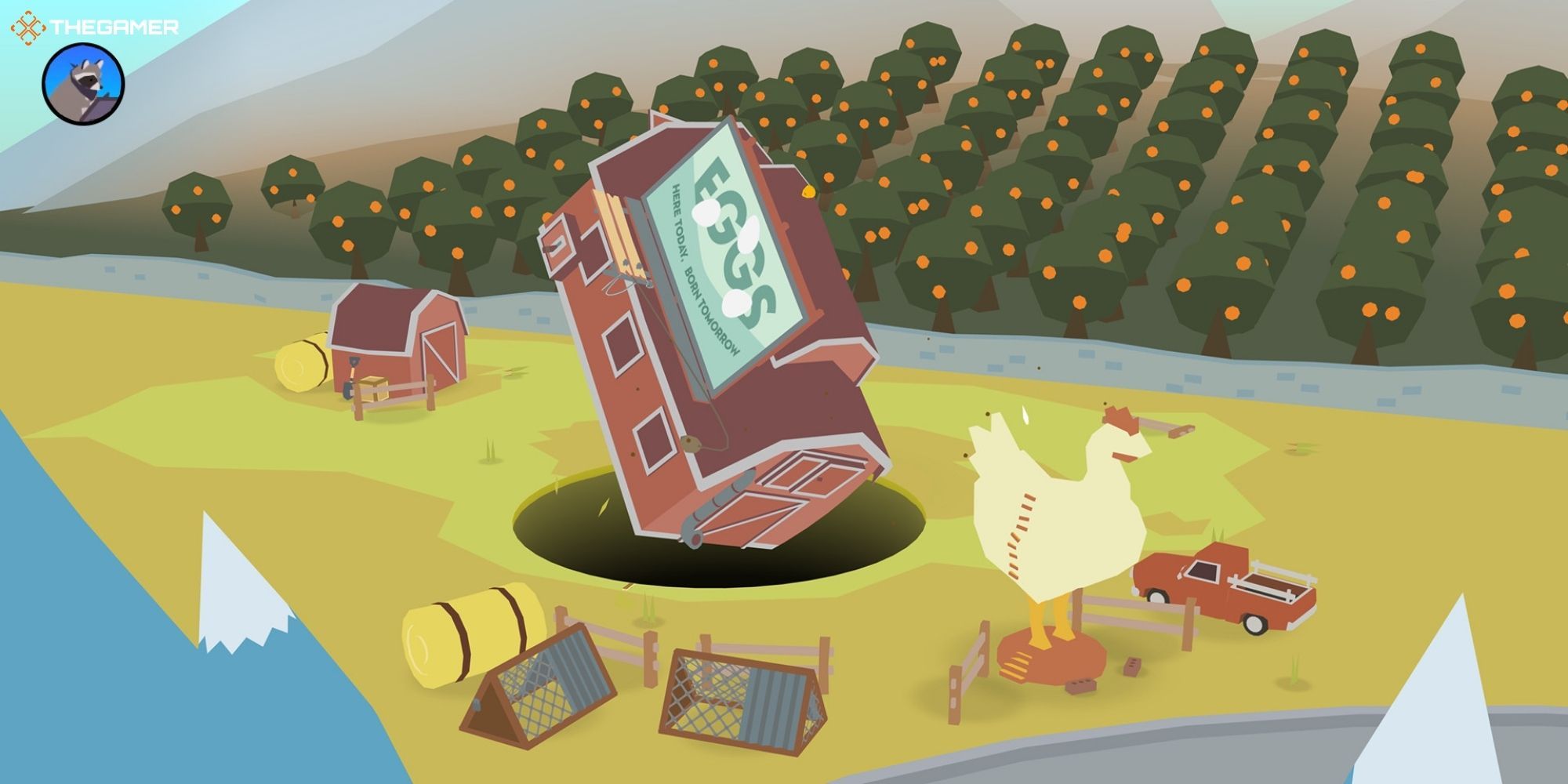 A hole swallowing a farm in Donut County.