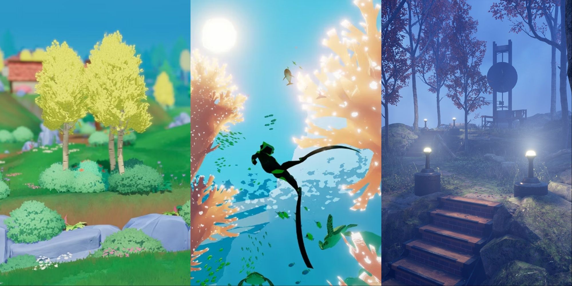 Split image paleo pines, abzu, myst