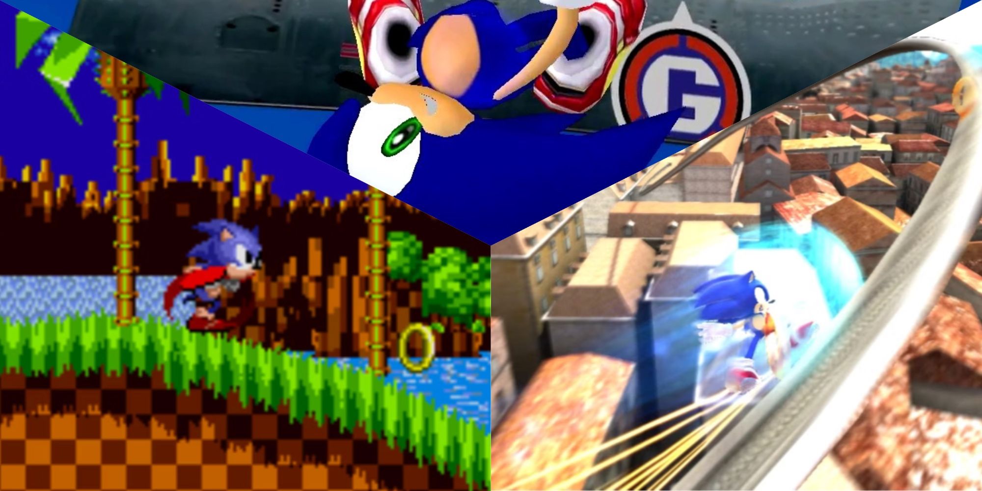 Screenshots of: 1. Sonic running through green Hill zone 2. on a grind rail through a town, 3.  upside-down on a 'snowboard'