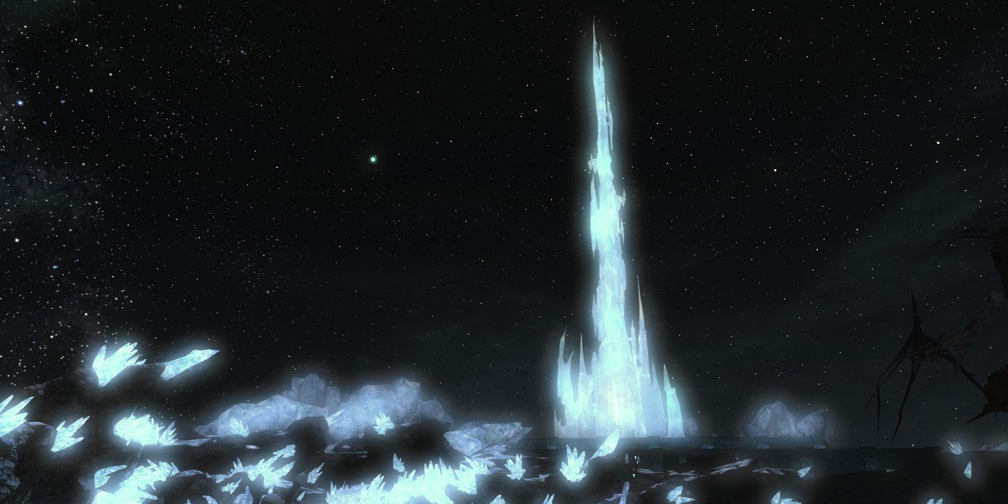 The Crystal Tower at night in Mor Dhona in Final Fantasy 14.