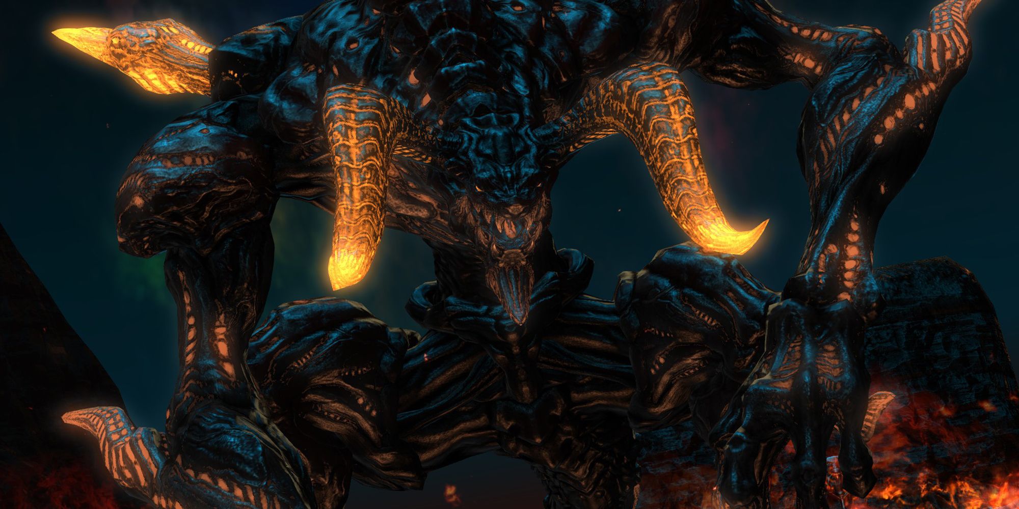 Screenshot of a horned demon-like creature, from the Ifrit fight in Bowl of Embers.