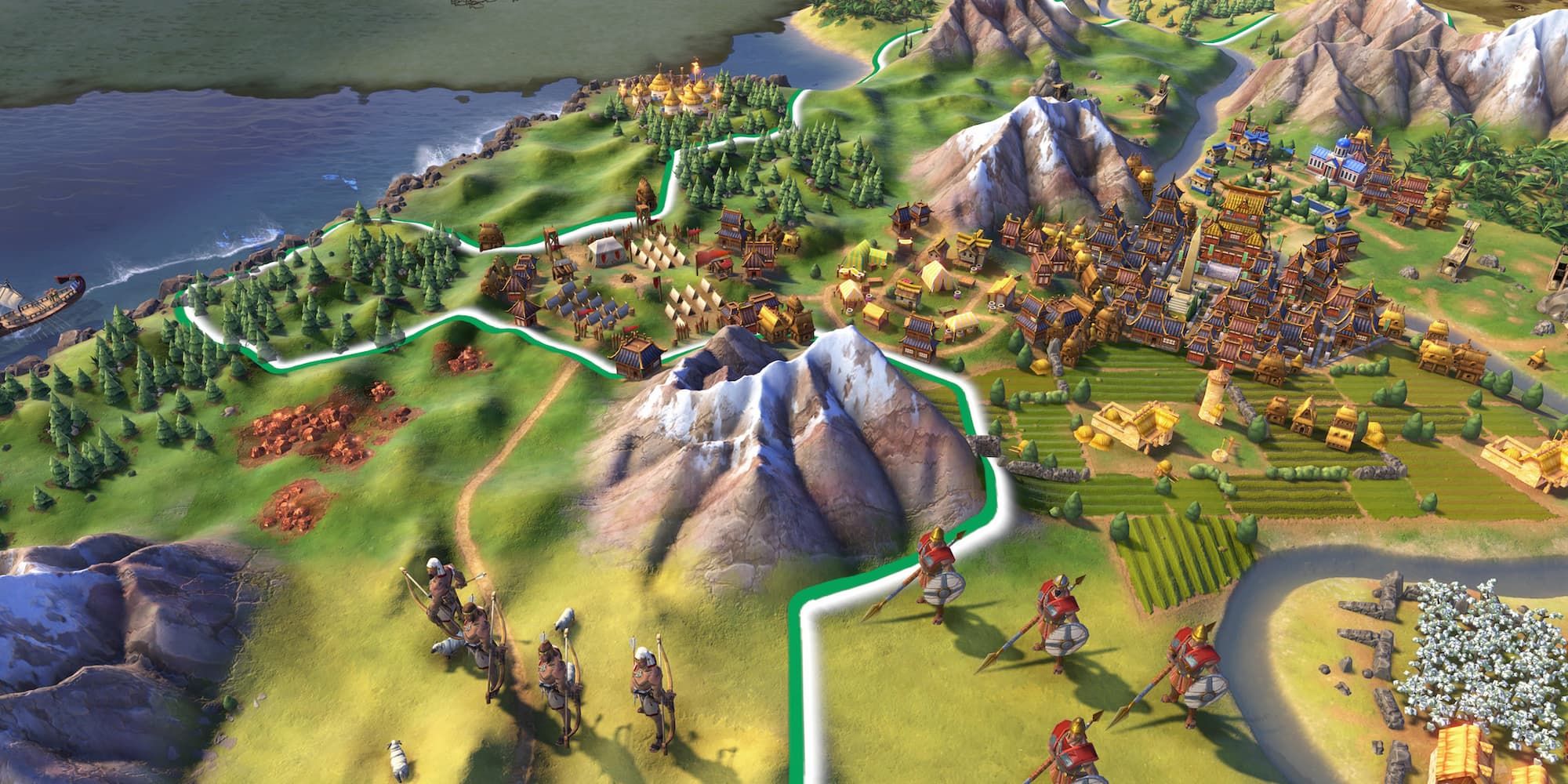 Soldiers march towards each other near a border in Sid Meier's Civilization 6.