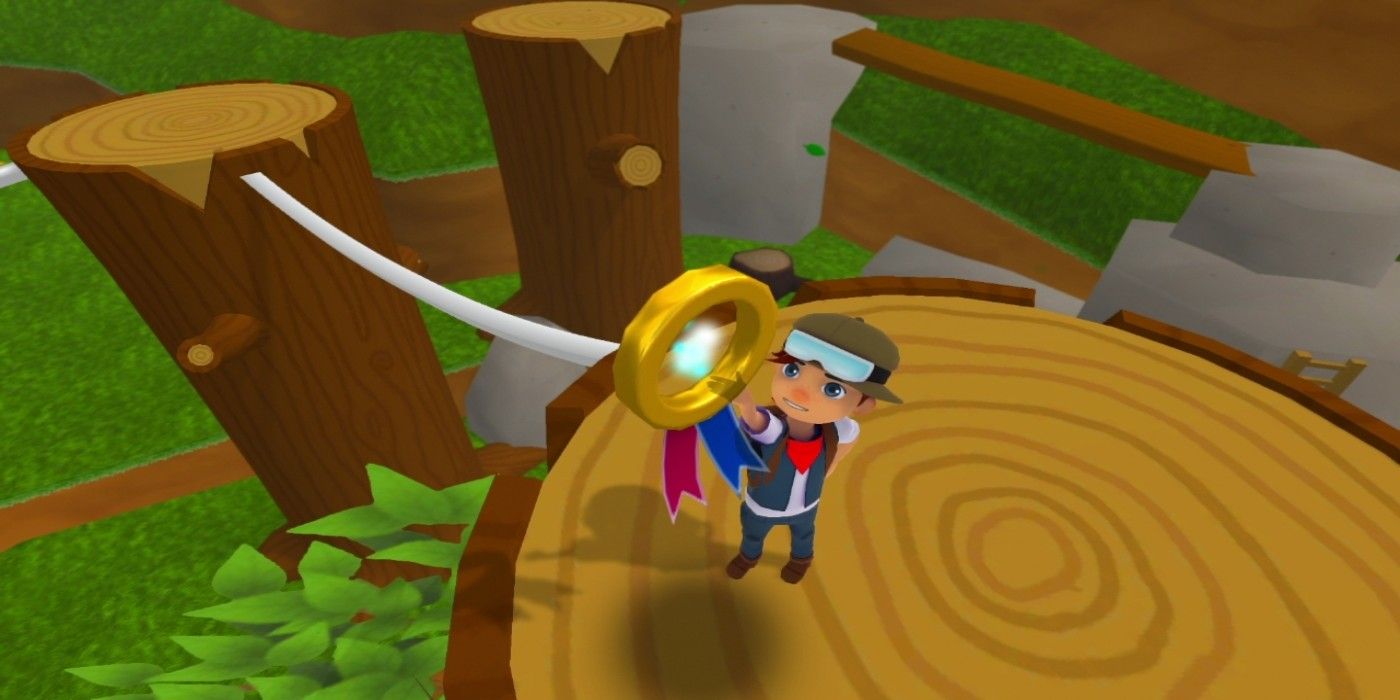 The protagonist from Poi grabs a gold medal on a tree stump.