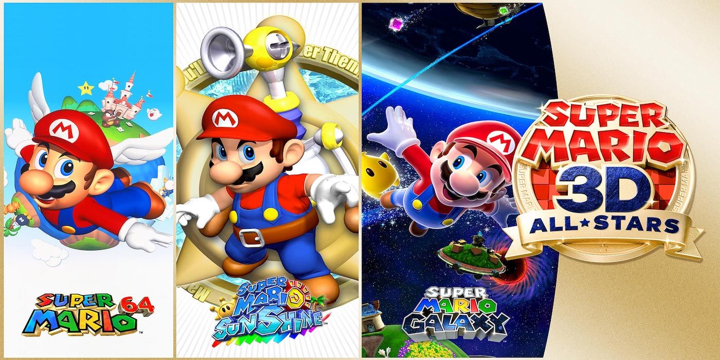 A split image of Super Mario 64, Sunshine, and Galaxy as part of Super Mario 3D All-Stars.