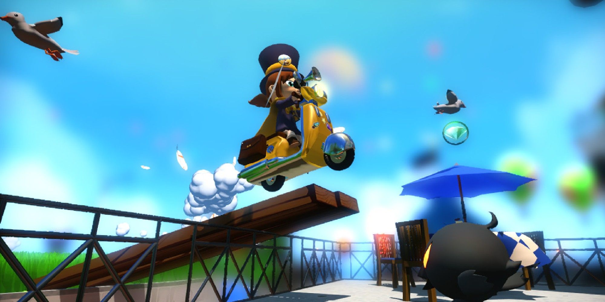 Hat Kid riding a scooter off a ramp in A Hat in Time.