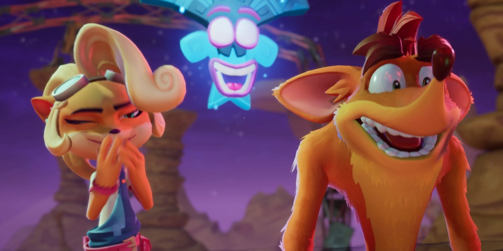 Crash, Coco and Lani-Loli laughing in Crash Bandicoot 4.