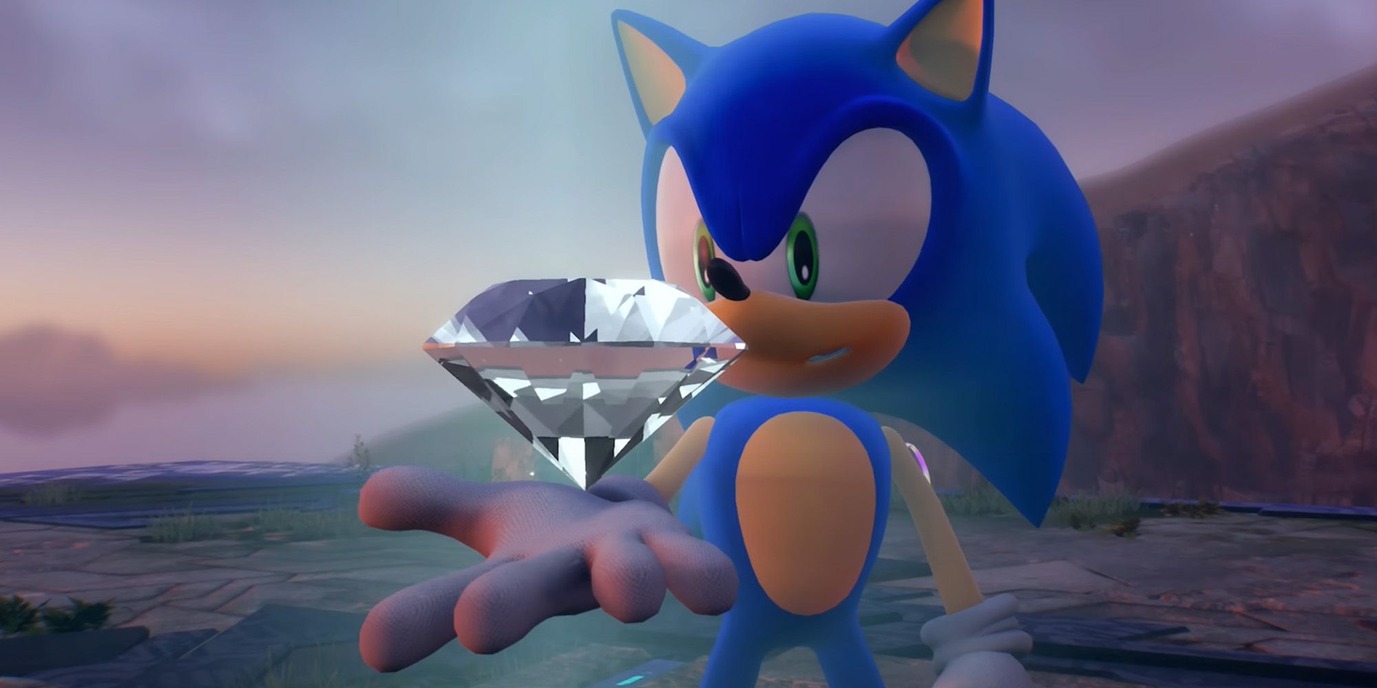 Sonic holding a silver Chaos Emerald in Sonic Frontiers.