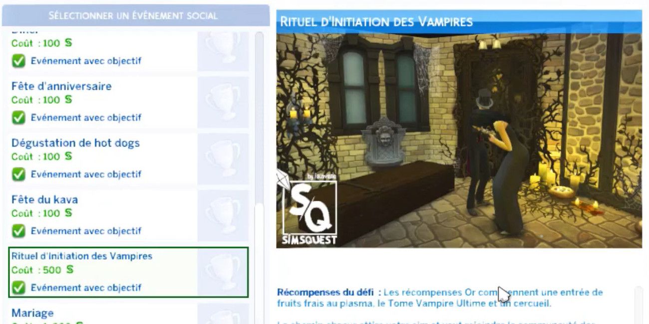 The event planner interface in The Sims 4, showing a vampire initiation ritual with the Vampire Ritual mod added. Text is in French.