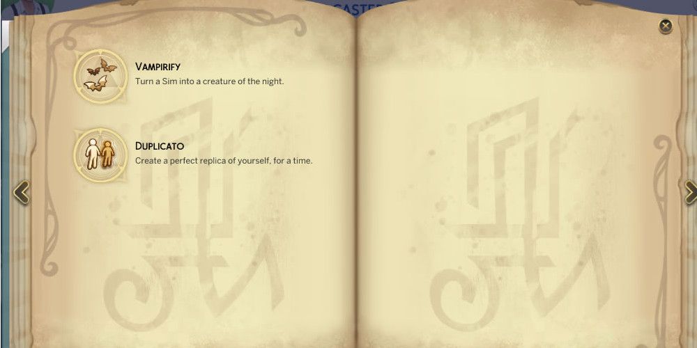 The spellbook interface in The Sims 4, showing the Vampirify spell with the Vampirify Spell Mod added.